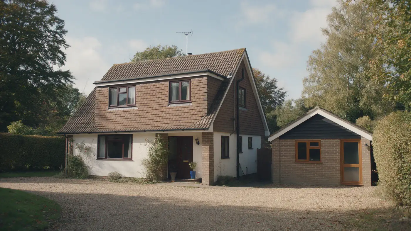 A house with its garage converted into a room (illustrative render)